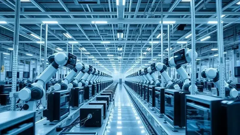 Representação conceitual de uma fábrica de eletrônicos moderna com linhas de produção automatizadas.