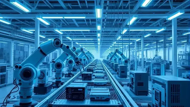 Ilustração de fábrica moderna montando componentes eletrônicos com braços robóticos