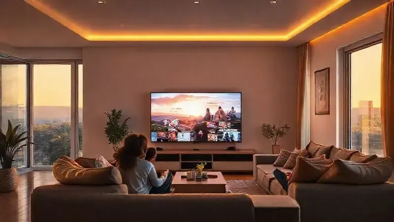 Cena familiar em sala de estar moderna assistindo conteúdo em TV smart com excelente qualidade de imagem