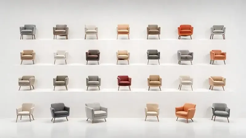 Render conceitual mostrando diferentes formatos, cores e estilos de poltronas organizadas em padrão de galeria para ilustrar variedade disponível online