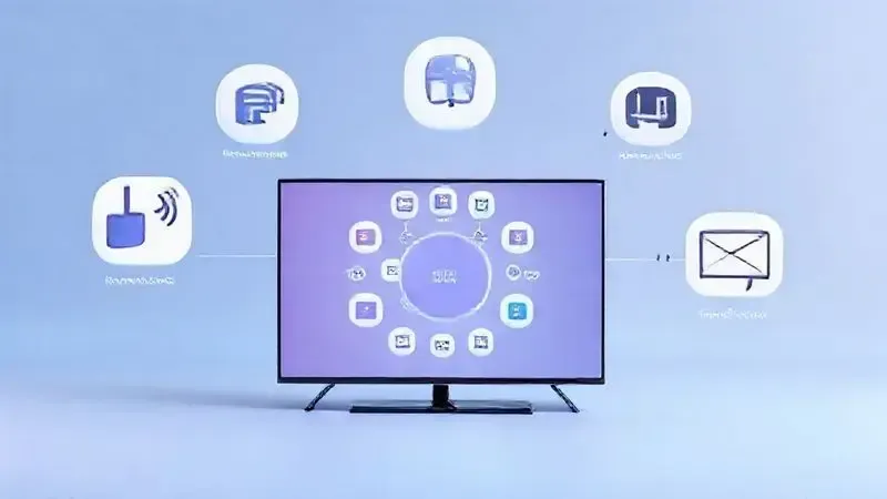 Conceito visual das funcionalidades de smart TV como controle por voz e múltiplos aplicativos.