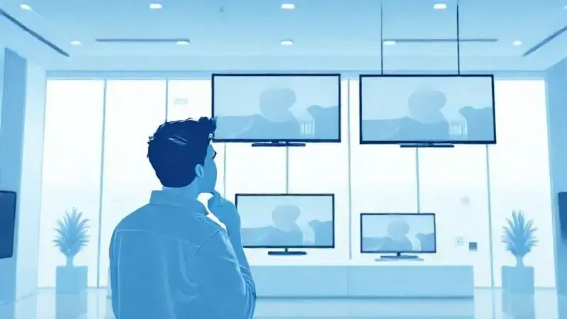 Ilustração conceitual da escolha de TV 43 polegadas com elementos visuais de resolução e conectividade.