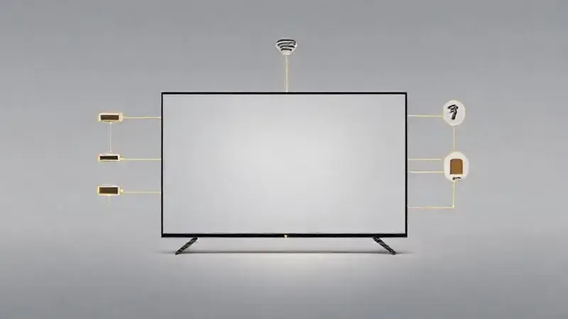 Ilustração digital artística dos tipos de conectividade HDMI, USB e Wi-Fi para TVs modernas.