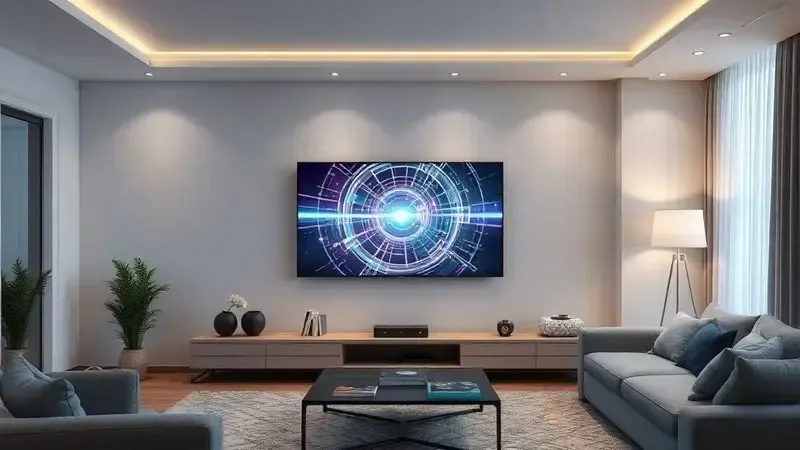 Ilustração conceitual de televisão com conversor digital integrado recebendo sinais em sala moderna