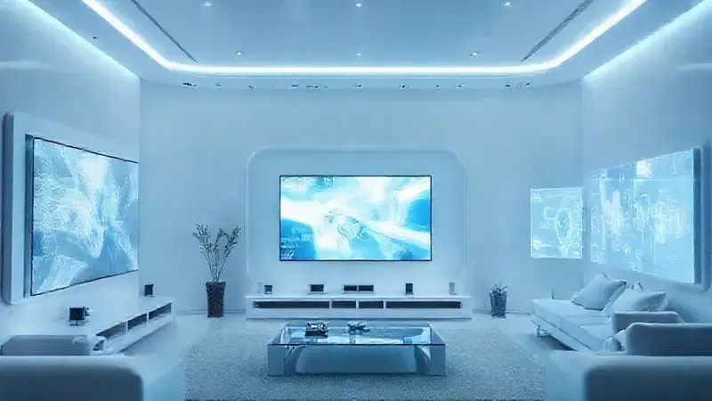 Conceitos futuristas de tecnologia de TV para 2026 com telas dobráveis, transparentes e projeções holográficas.