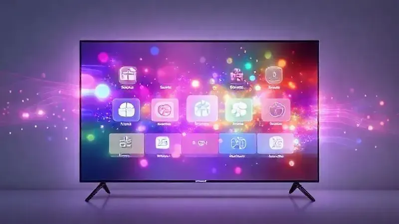 Interface conceitual de sistemas operacionais de TV com ícones abstratos e fluxos de dados
