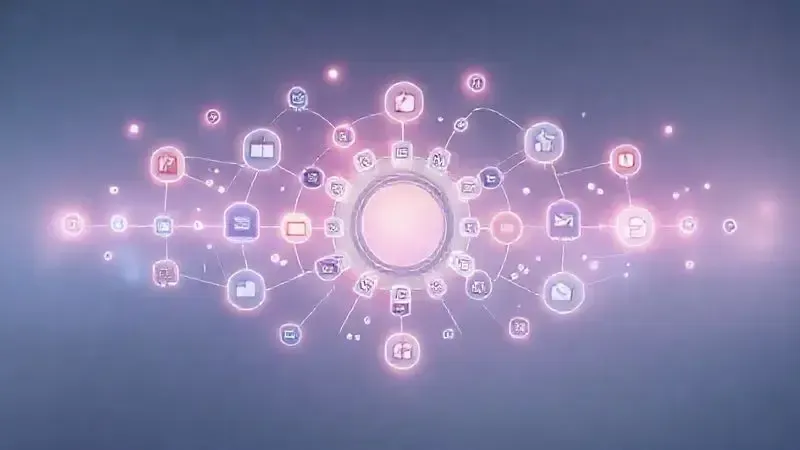 Ilustração conceitual de ecossistema de interface inteligente com ícones de aplicativos interconectados em composição flutuante