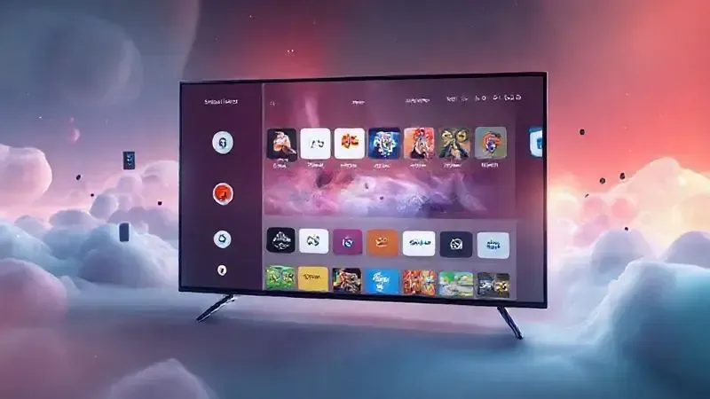 Ilustração conceitual de interface de sistema operacional para TV com elementos flutuantes e design futurista
