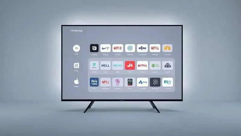 Render 3D de interface inteligente futurista de TV com ícones de apps e serviços de streaming organizados