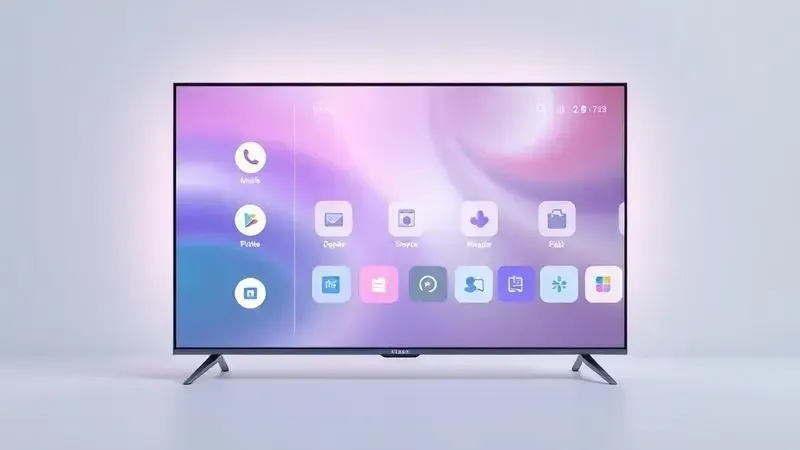 Render 3D de interface conceitual de sistema operacional para TV inteligente com ícones de aplicativos