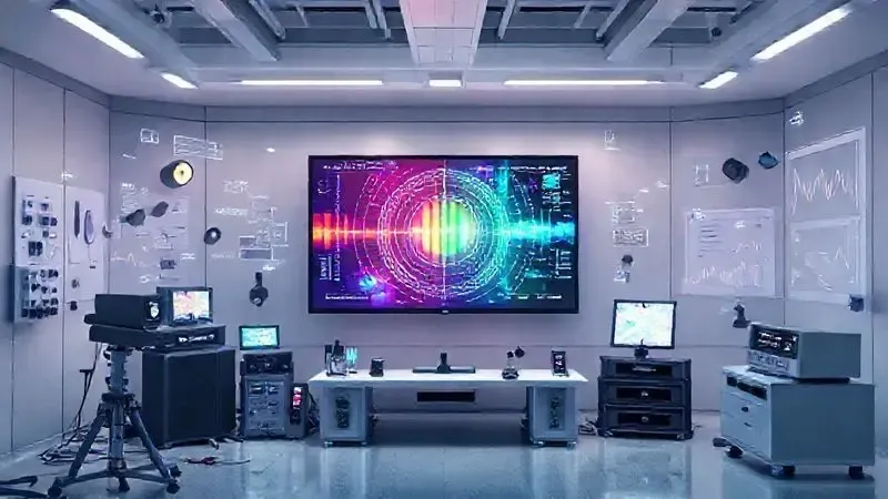Laboratório de testes com TV 4K e visualização de dados de calibração de cores e métricas de qualidade