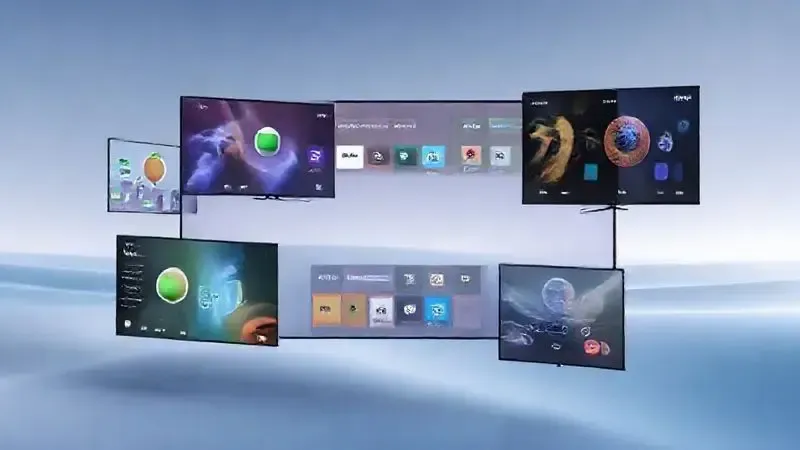 Representação artística de diferentes sistemas operacionais de TV flutuando em espaço abstrato