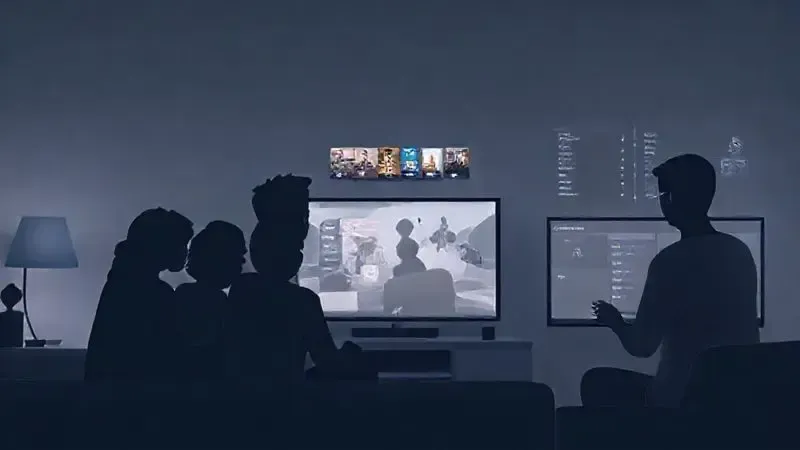 Cena ilustrativa de diferentes perfis de usuários interagindo com interfaces de Smart TV