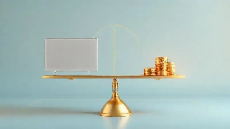 Balança conceitual com TV moderna e moedas representando análise de custo-benefício
