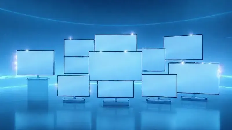 Conceito artístico de diferentes modelos de TV modernos flutuando em espaço digital abstrato