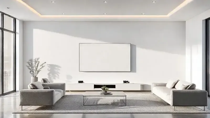 Conceito de sala de estar moderna com televisão grande em parede limpa e design minimalista