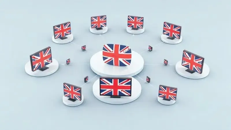Representação conceitual do modelo britânico de televisão com esferas interconectadas