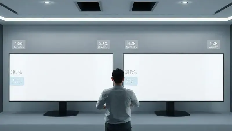 Ilustração conceitual de avaliação de especificações técnicas de TVs com elementos visuais de resolução e conectividade