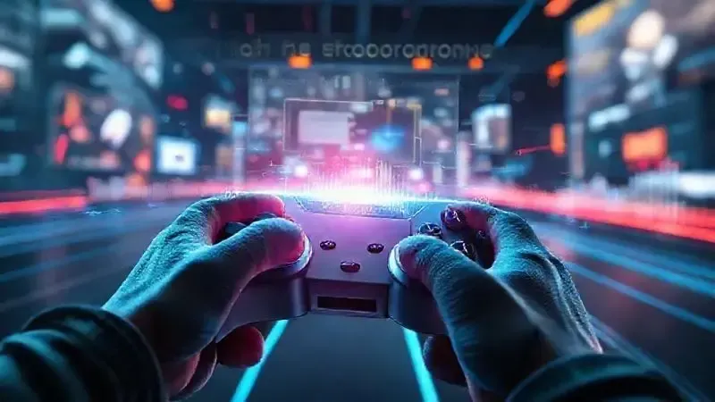 Ilustração digital conceitual de performance para jogos com baixa latência e movimento fluido.
