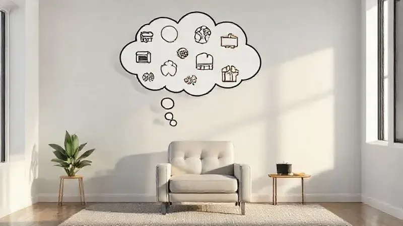 Ilustração digital conceitual de perguntas frequentes sobre poltronas para TV representadas por ícones em bolha de pensamento acima de assento