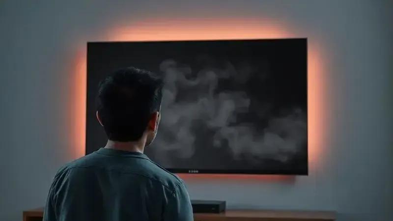 Cena conceitual de pessoa frustrada com TV queimada e fumaça saindo da tela