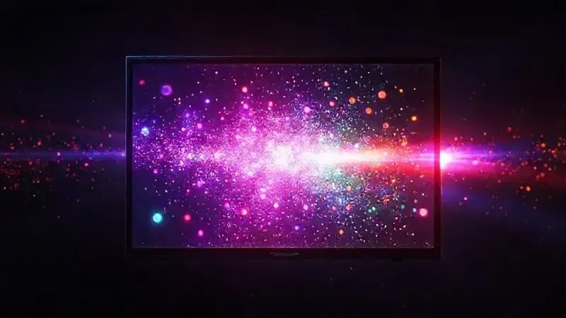 Ilustração conceitual dos pontos quânticos dentro de uma tela QLED emitindo cores vibrantes