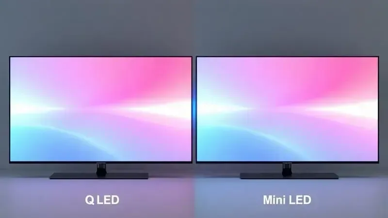 Ilustração conceitual comparativa entre tecnologias QLED e Mini LED para TVs de 75 polegadas