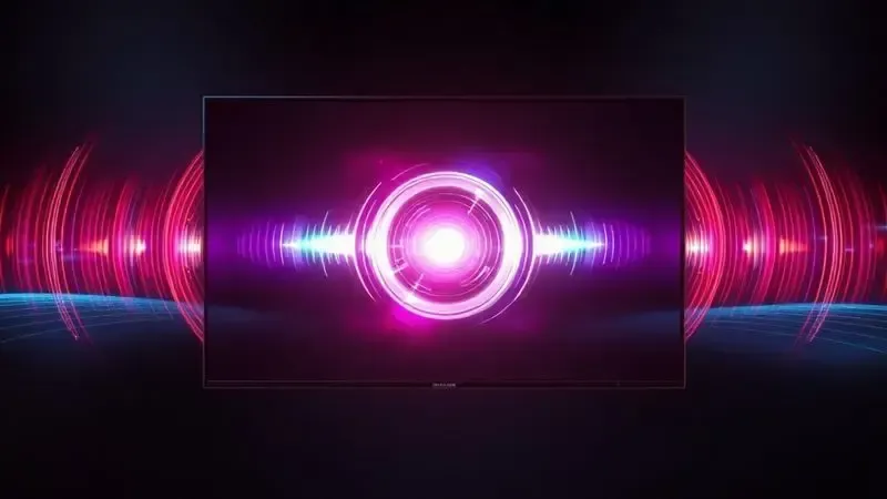 Visualização conceitual de qualidade de áudio em Smart TV com ondas sonoras e frequências