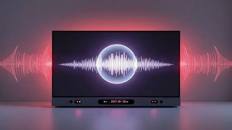 Conceito visual de qualidade de som com ondas sonoras abstratas emanando da TV