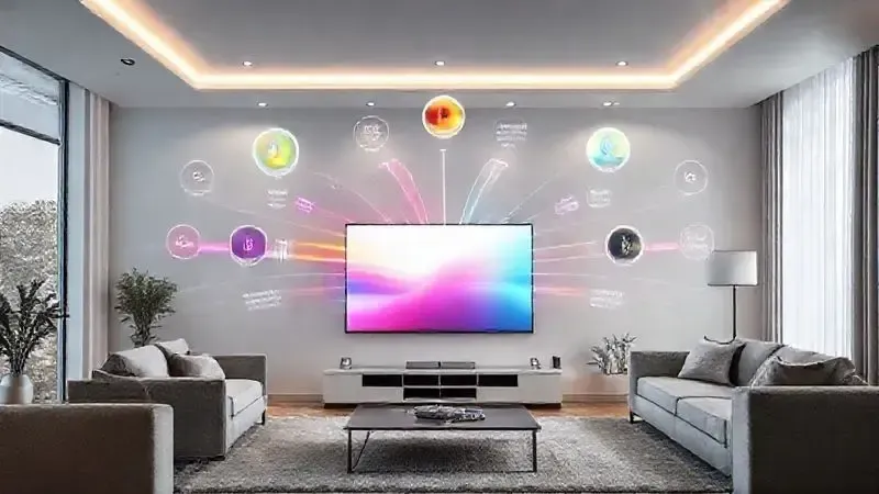 Conceito de qualidade televisiva com representações abstratas de performance e tecnologia de imagem