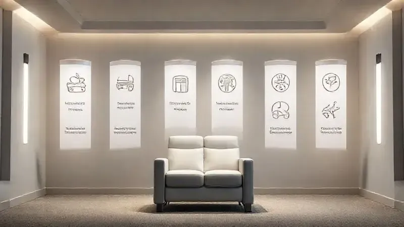 Ilustração conceitual dos quatro pilares essenciais de uma poltrona ideal para cinema em casa: conforto, ajustabilidade, qualidade dos materiais e ergonomia