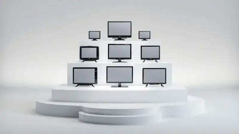 Ilustração conceitual de ranking de televisores com diferentes modelos organizados hierarquicamente em design minimalista
