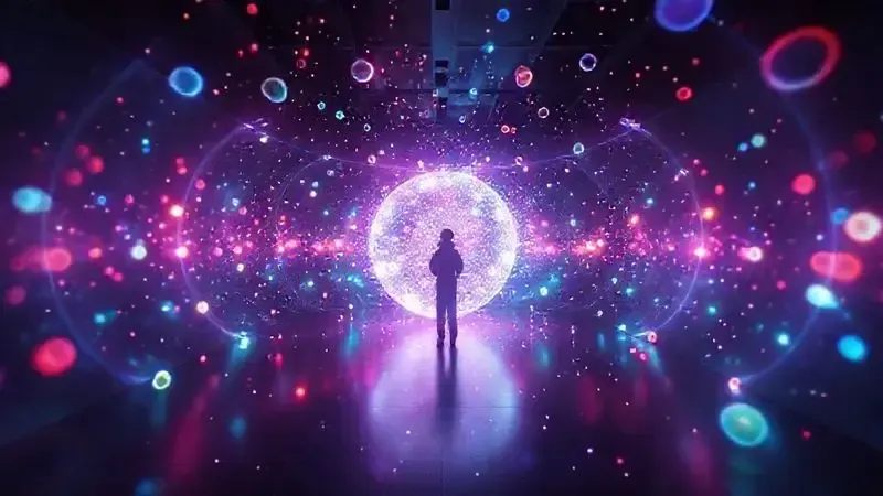 Renderização 3D artística de conceito abstrato de imersão visual completa com esferas de luz colorida envolvendo espectador.