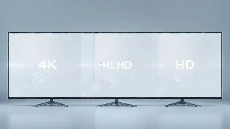 Render 3D artístico comparando resoluções 4K, Full HD e HD para TVs de 43 polegadas.
