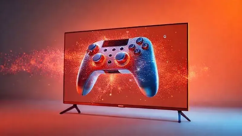 Render 3D conceitual do desempenho de games em TVs 43 polegadas com baixa latência e alta taxa de atualização.
