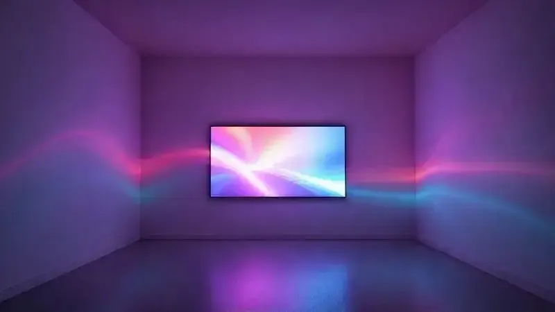 Representação artística de ondas de luz colorida saindo de uma tela de TV em ambiente escuro, ilustrando tecnologia de iluminação ambiente.