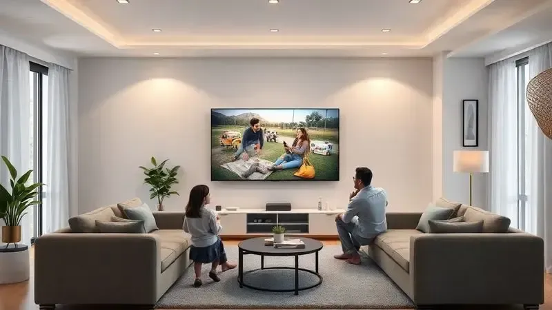 Ilustração realista de sala de estar moderna com TV de 60 polegadas e família assistindo conteúdo juntos