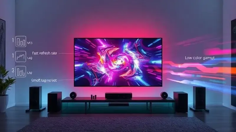 Setup conceitual de jogos com TV de 50 polegadas e indicadores de performance
