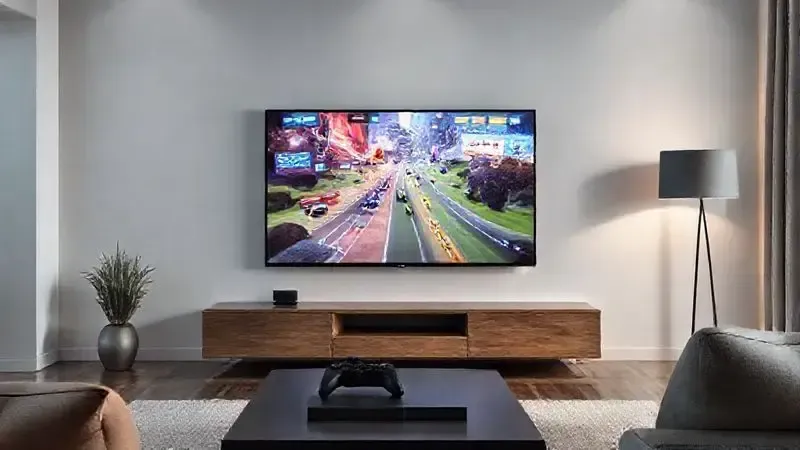 Setup de jogos moderno em sala de estar com TV e controle de console, ilustrando experiência de jogos com HDMI 2.1