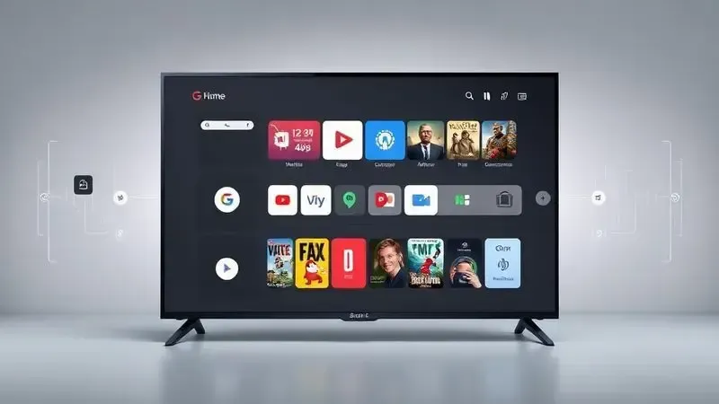 Renderização 3D conceitual da interface Google TV com aplicativos de streaming e navegação intuitiva.