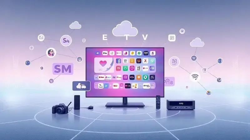 Representação artística de ecossistema de TV inteligente com interfaces e dispositivos conectados integrados