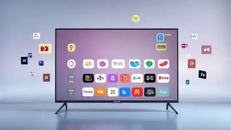 Interface de sistema operacional de smart TV com ícones de aplicativos flutuando em espaço digital.