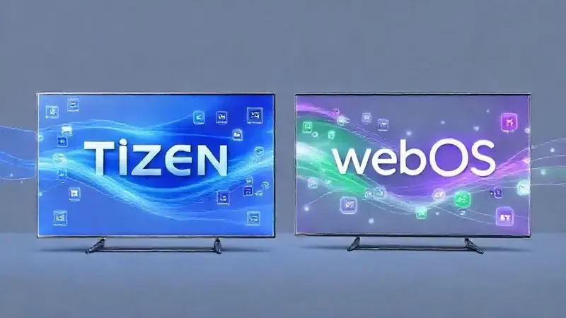 Representação conceitual de sistemas operacionais Tizen e webOS como ecossistemas digitais distintos.