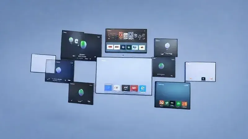 Ilustração conceitual de diferentes sistemas operacionais para TV box flutuando no espaço em visual 3D minimalista