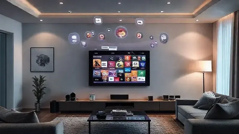 Representação conceitual de sala moderna com TV 65 polegadas integrada a dispositivos inteligentes e serviços de streaming