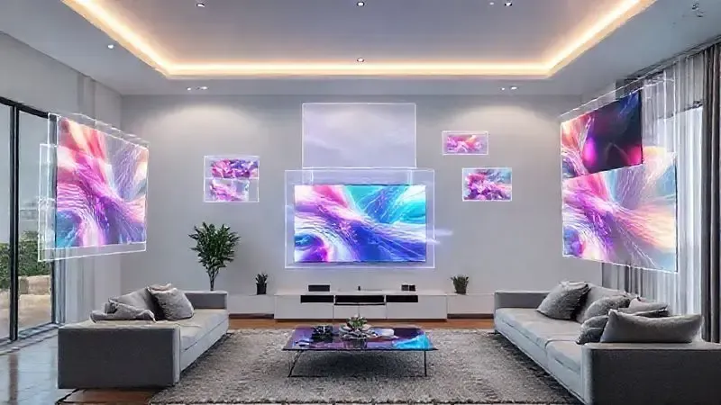 Representação conceitual de Smart TVs Samsung integradas em ambiente moderno de sala de estar