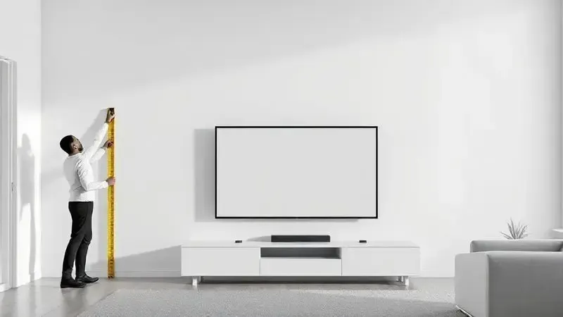Ilustração conceitual mostrando medição de parede para determinar tamanho ideal de TV para ambiente