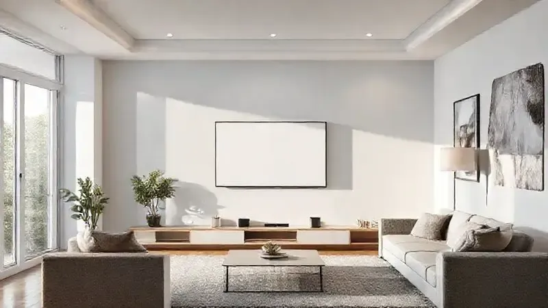 Ilustração conceitual de sala com TV de tamanho ideal na parede mostrando proporções e distância de visualização