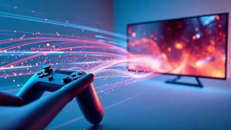 Ilustração conceitual de tecnologia ALLM e VRR para jogos em televisores com visualização de dados de performance