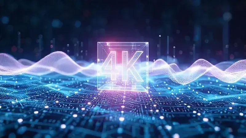 Conceito artístico de convergência tecnológica: resolução 4K, áudio tridimensional e IA em composição abstrata